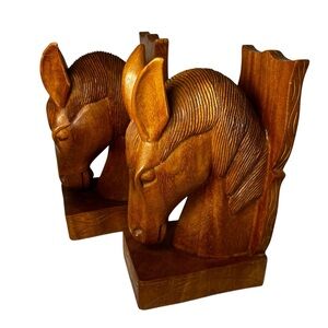 Wood Carved Horse Head Bookends
